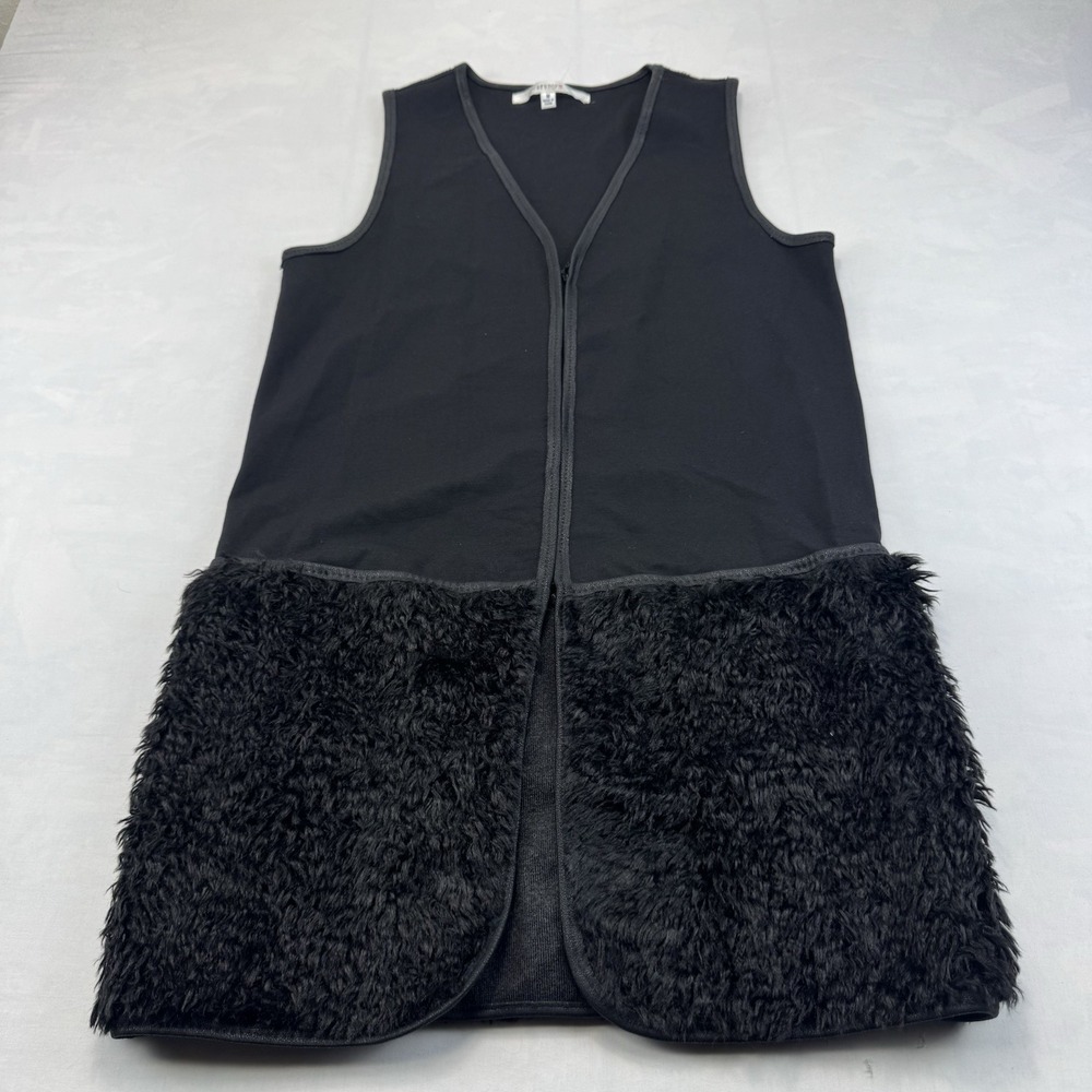 Studio M Womens M Black Faux Fur Trim Sleeveless Open Front Long Vest